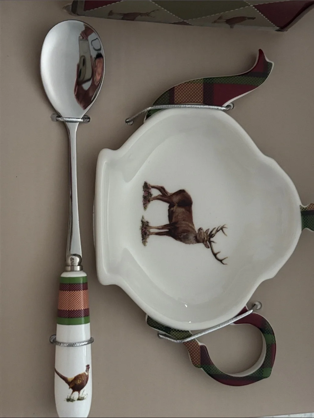 Spode Glen Lodge Pimpernel 3-Piece Deer Tea Set in Green and Burgundy NIB